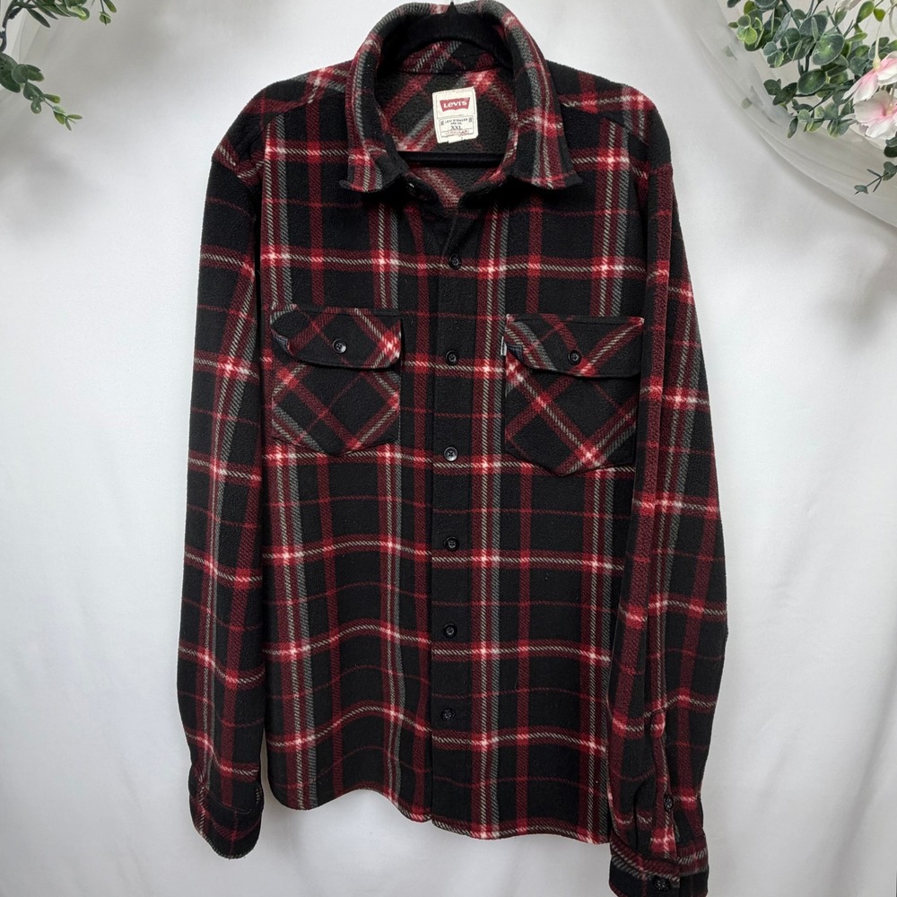 Levis Mens XXL Red Black Plaid Fleece Button Down Shirt 3LMLW158 Regular Fit